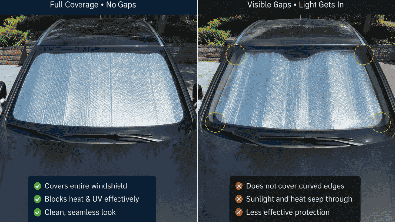 Side by side comparison showing a custom-fit car sun shade covering the full windshield versus a universal shade leaving visible gaps at the curved edges