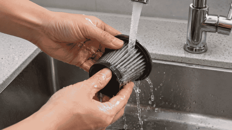 A car vacuum filter being rinsed clean under running water showing the washable filter maintenance that maintains suction power over time