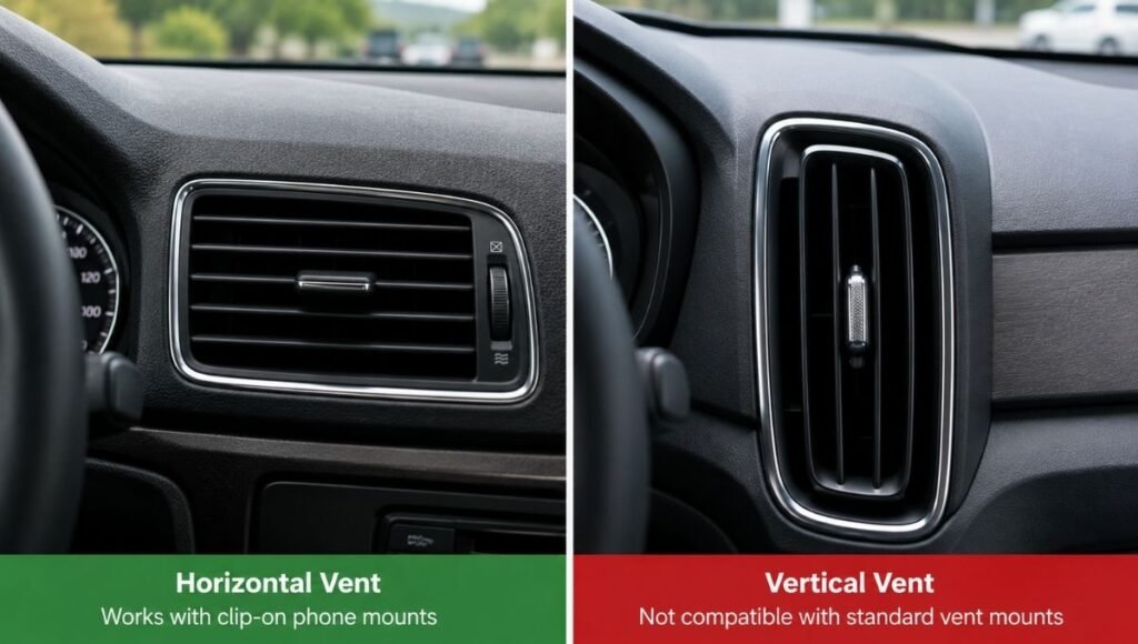 Side by side comparison of car air vents showing horizontal slats compatible with standard vent mounts versus vertical slats that are incompatible with most clip-on phone mounts