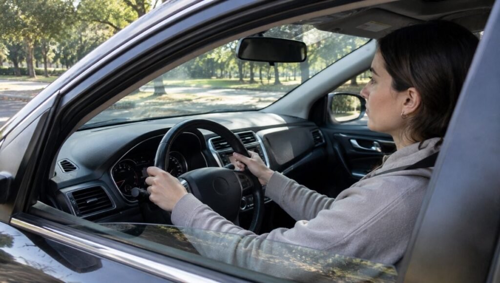 A driver behind the steering wheel of a car representing the safety protection provided by a functioning airbag system that is compromised when the airbag warning light is on