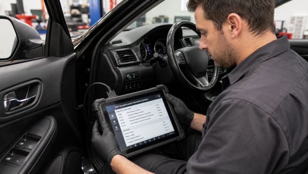 A professional automotive technician using a specialized scan tool connected to a car's OBD port to diagnose airbag SRS warning light fault codes that require professional equipment
