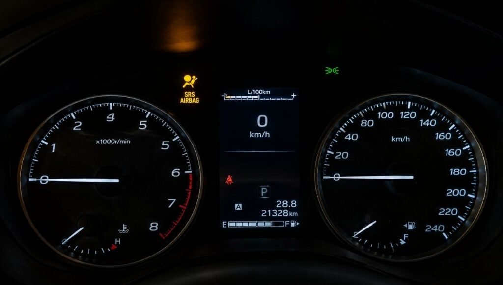 A car dashboard showing the airbag SRS warning light illuminated in yellow showing the person-in-seat-with-circle symbol indicating the supplemental restraint system has a fault
