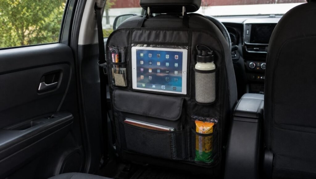A back-of-seat car organizer hanging from a front seat headrest with multiple pockets including a tablet sleeve holding an iPad and mesh pockets for water bottles and snacks