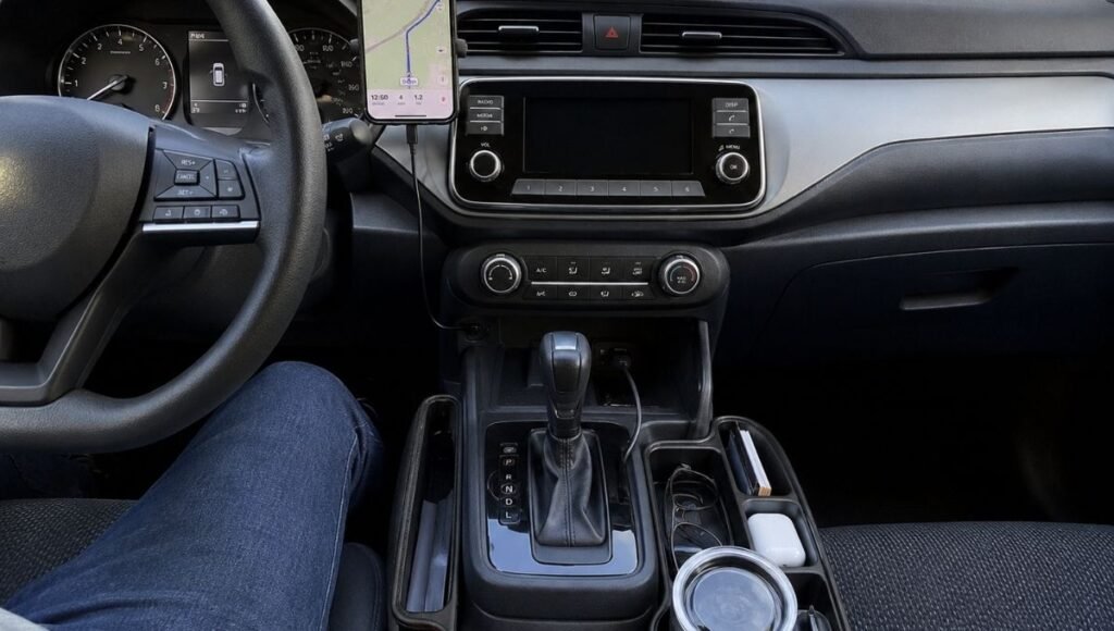 A car center console and dashboard area showing several practical accessories installed — a phone mount with navigation, a gap filler between seat and console, and a clean organized interior