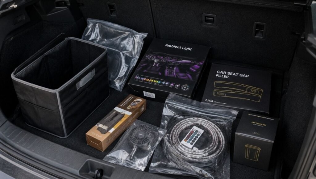 A car trunk showing several unused car accessories still in packaging or barely used including LED strips and decorative items that were bought but never regularly used