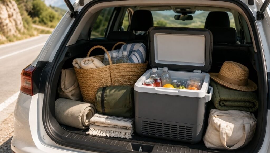 A compact electric car cooler open in a vehicle trunk on a road trip showing cold drinks and food inside with ice and supplies organized around it
