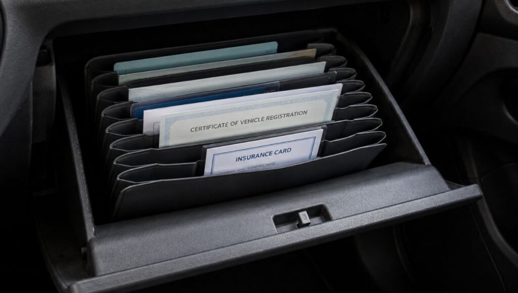 An open car glove box showing a thin accordion document organizer with vehicle registration and insurance card visibly organized in labeled sections