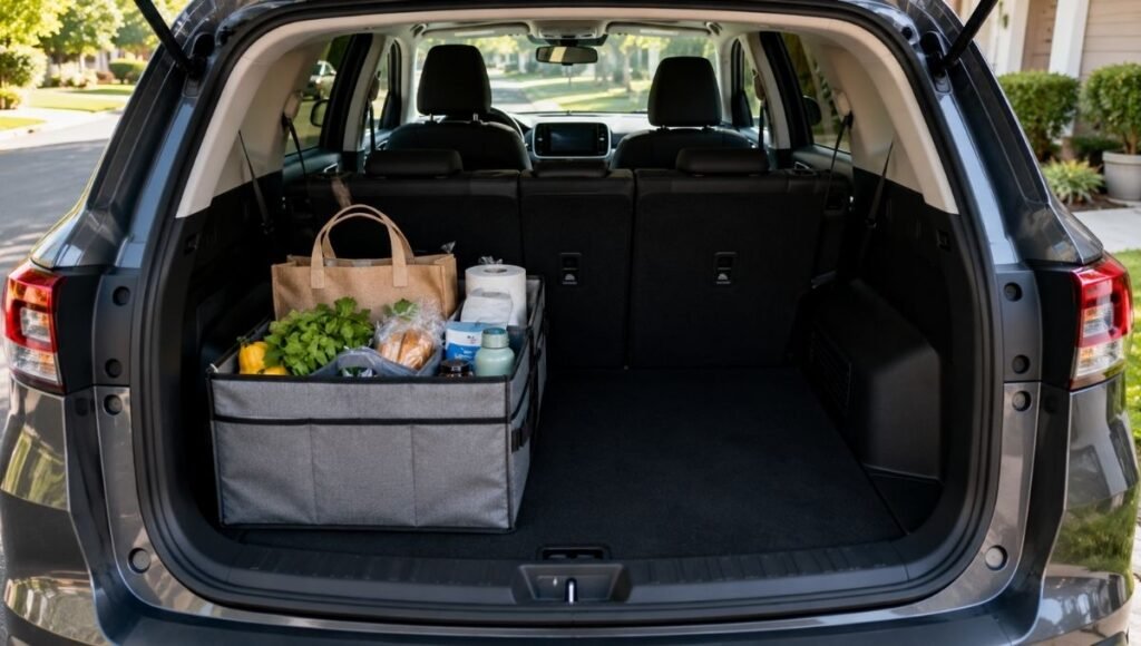 A neatly organized car trunk with a fabric trunk organizer holding groceries and supplies alongside a clean backseat with a seat-back organizer showing multiple pockets
