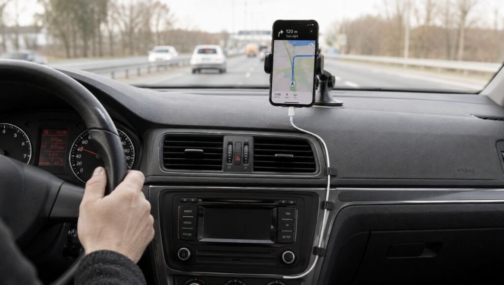 A smartphone mounted on a car phone mount with a charging cable neatly routed along the dashboard edge using cable clips for a clean organized setup