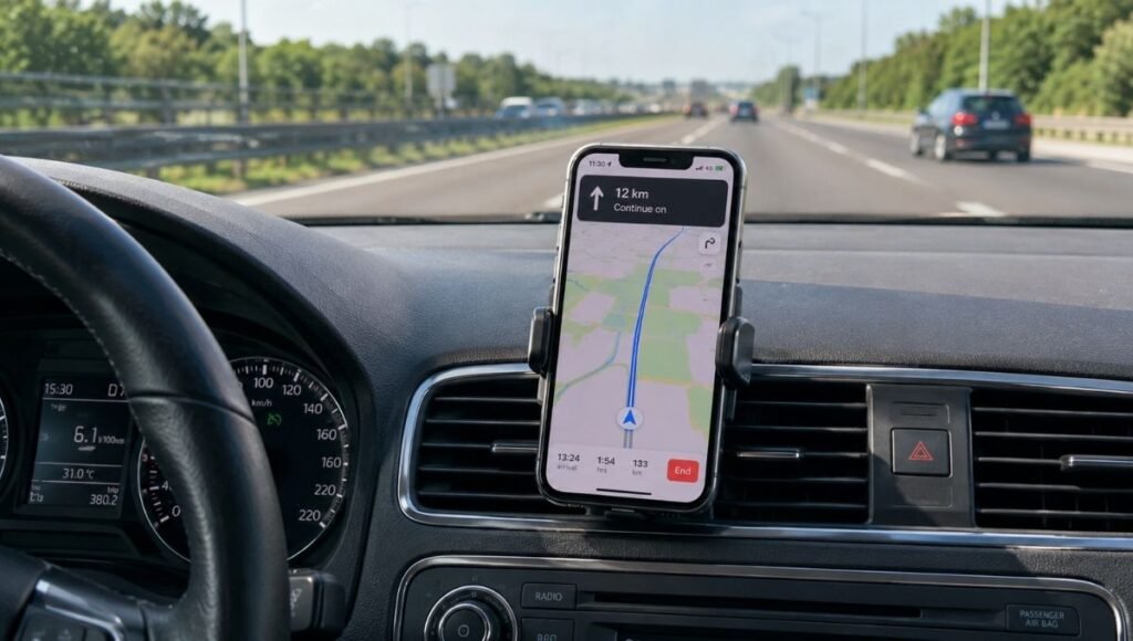 A smartphone mounted on a car air vent phone mount showing navigation on the screen while driving with the phone securely positioned in the driver's line of sight
