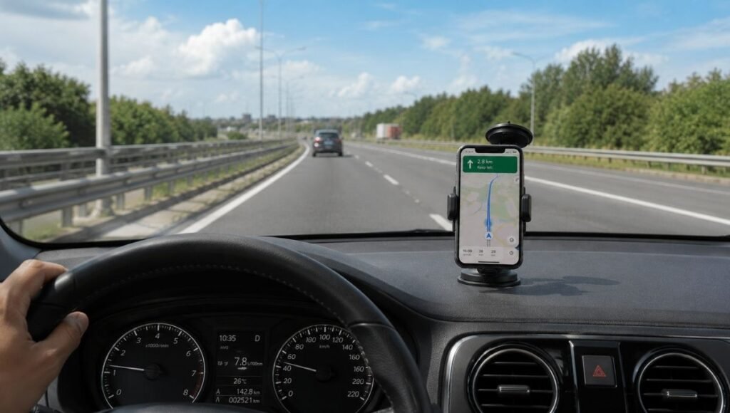 A driver's view from behind the steering wheel showing a properly positioned phone mount with navigation screen at optimal viewing angle below the rearview mirror without obstructing road view