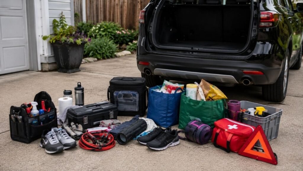 All items removed from a car trunk and laid out on a driveway for the 10-minute declutter exercise before deciding what organizer to buy