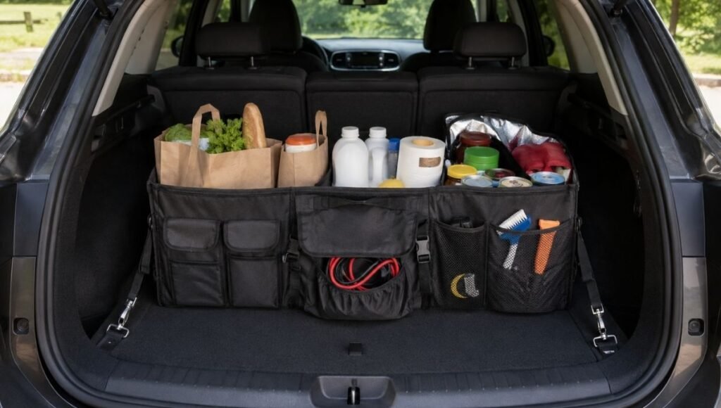 A neatly organized car trunk with a fabric trunk organizer holding grocery bags and supplies with tie-down straps visible securing it to the cargo floor hooks