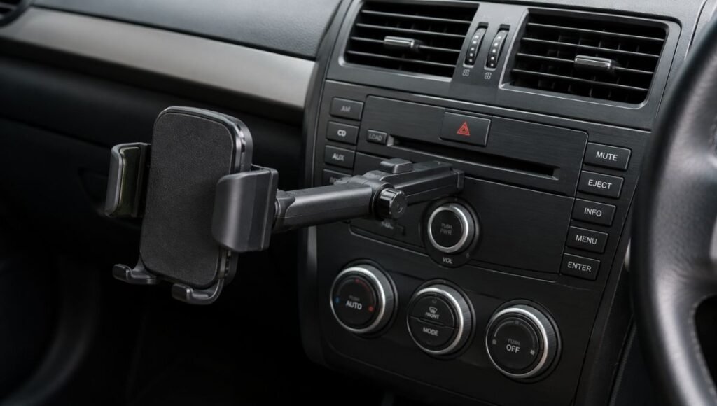 A car phone mount inserted into a vehicle CD slot in the center console showing the mounting arm and phone holder extending from the CD player opening