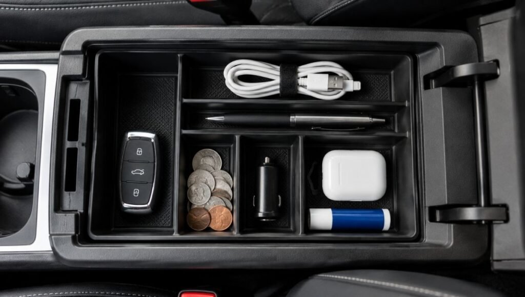 An open car center console armrest compartment showing a fitted organizer insert tray with divided sections neatly holding a phone charger pen coins and small daily use items