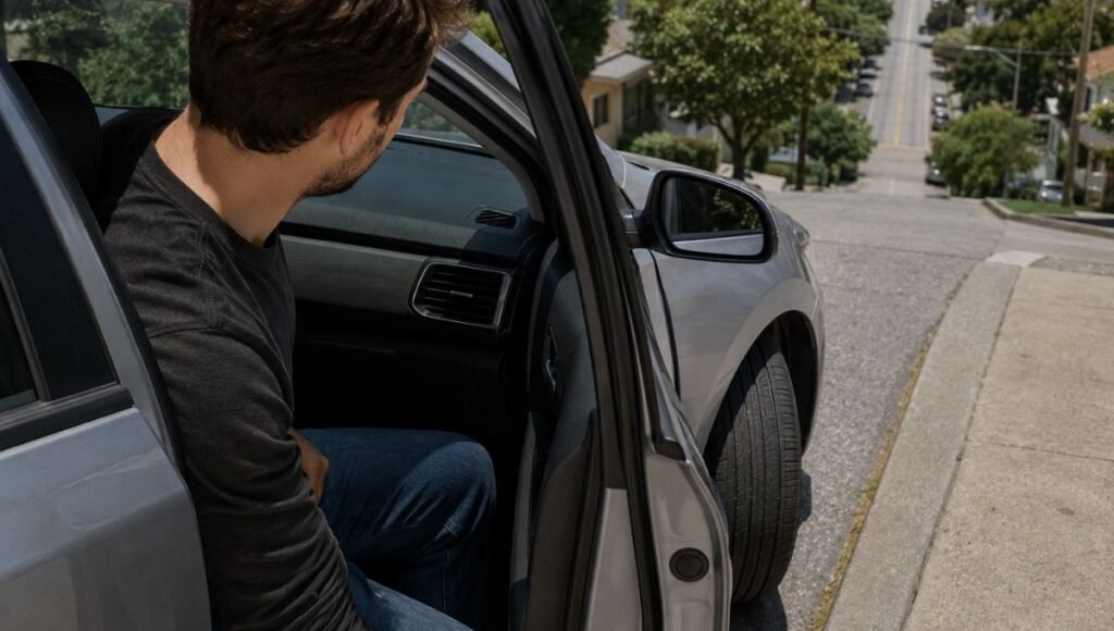 A driver looking out the open car door at the front tire to verify the wheel is turned in the correct direction before walking away from a hill parking spot