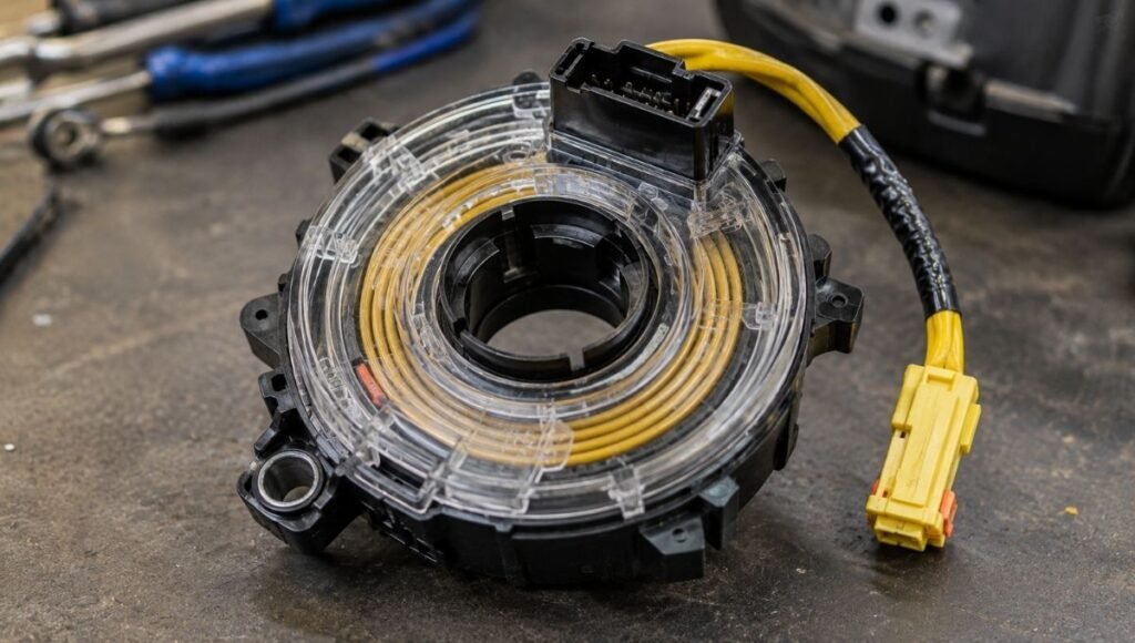 A clock spring spiral cable component removed from a car steering column showing the coiled electrical connector that maintains the driver airbag connection as the steering wheel rotates