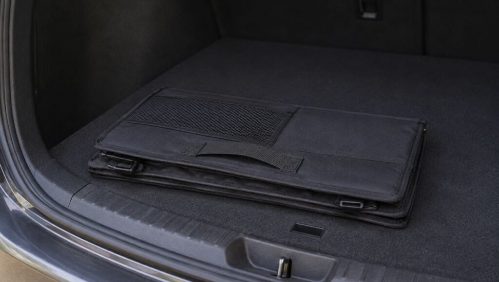 A collapsible car trunk organizer shown folded completely flat demonstrating the compact storage advantage over rigid trunk organizers when full trunk space is needed