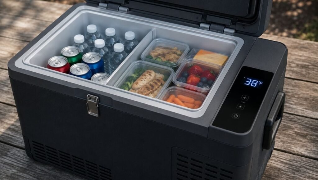 A compressor car cooler with its lid open showing cold contents inside and a digital temperature display on the exterior showing 38 degrees Fahrenheit