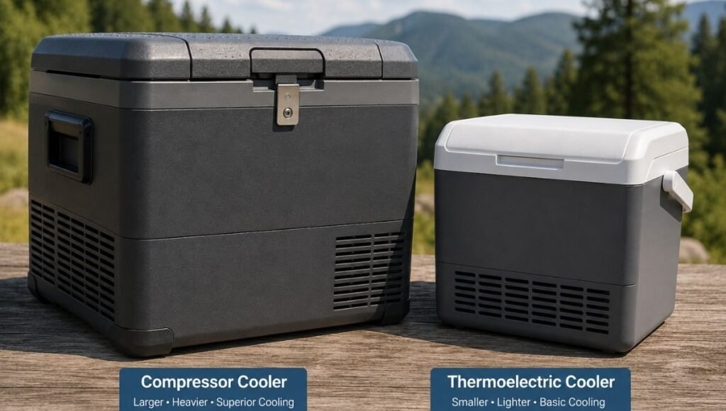 Two car coolers shown side by side for comparison — a larger compressor cooler on the left and a smaller lighter thermoelectric cooler on the right showing the size weight and design differences