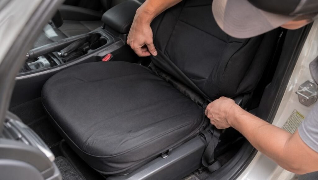 A person carefully installing a custom-fit car seat cover by tucking the edges between the seat cushions and securing the straps underneath the seat