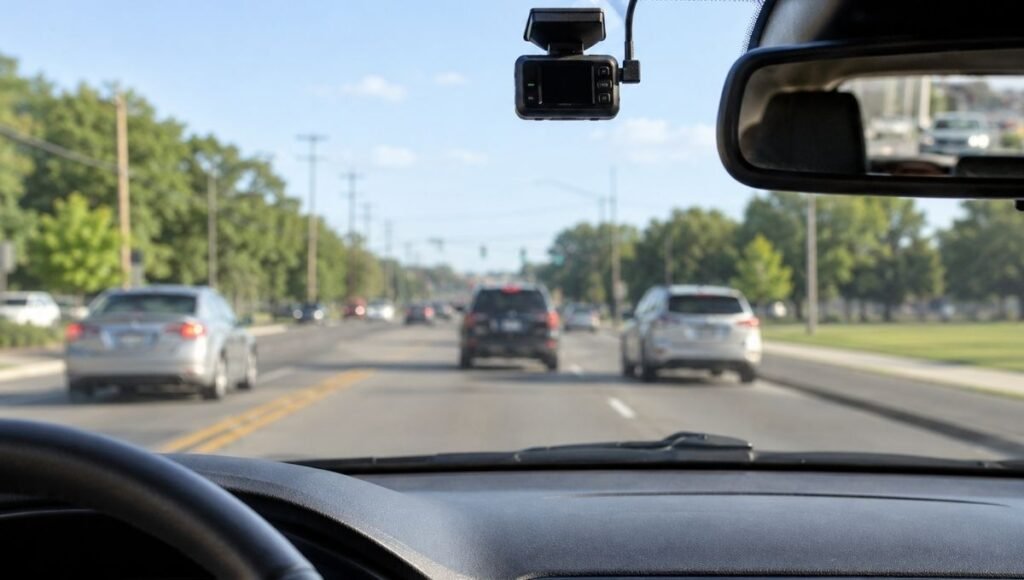 A small dash cam mounted on the upper portion of a car windshield recording the road ahead with a clear wide angle view of traffic