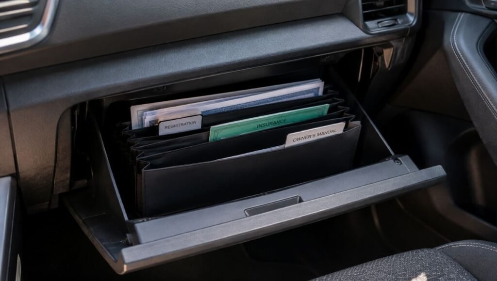 An open car glove box showing a thin accordion document organizer holding vehicle registration insurance card and owner's manual in labeled organized sections