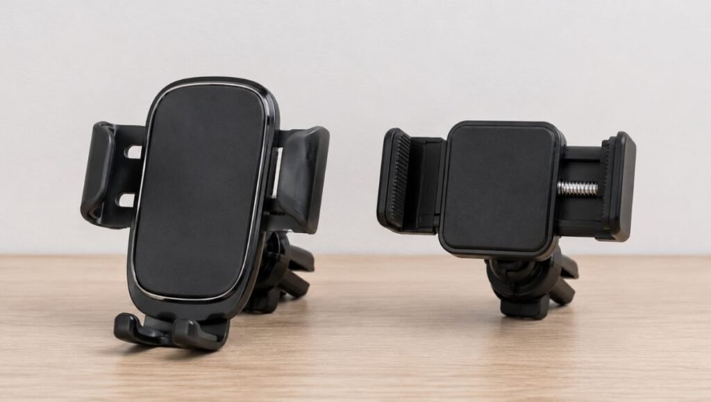 Two car phone mount holder types side by side showing a gravity auto-grip holder on the left and a spring-loaded clip holder on the right demonstrating the different holding mechanisms