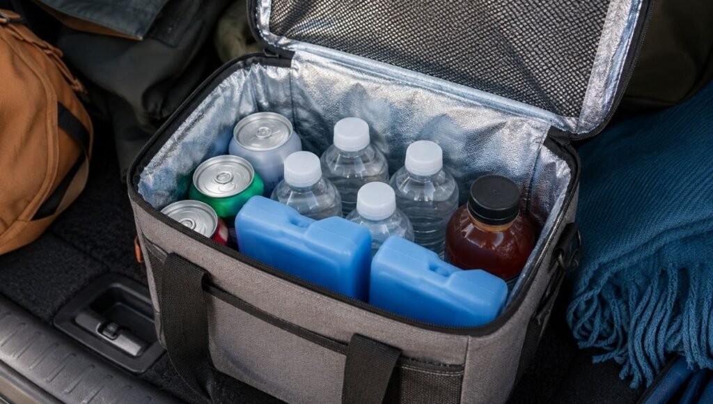 A soft-sided insulated cooler bag with ice packs and cold drinks visible inside as a practical alternative to electric car coolers for short day trips