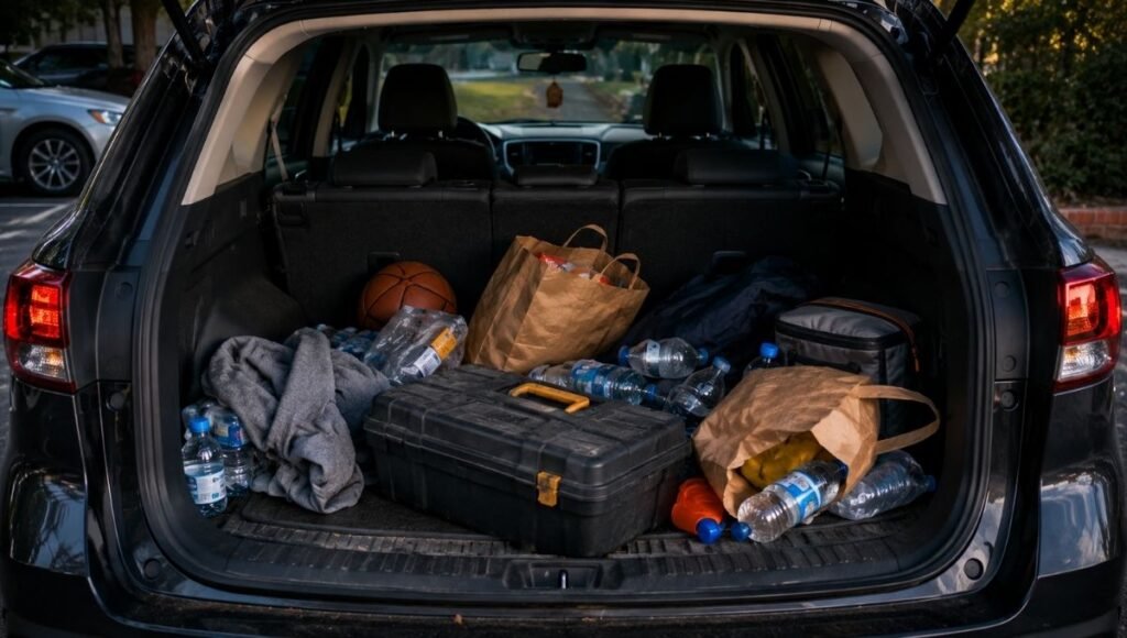 A car trunk with multiple unsecured loose items including a toolbox water bottles and bags that would become dangerous projectiles in a sudden stop or collision
