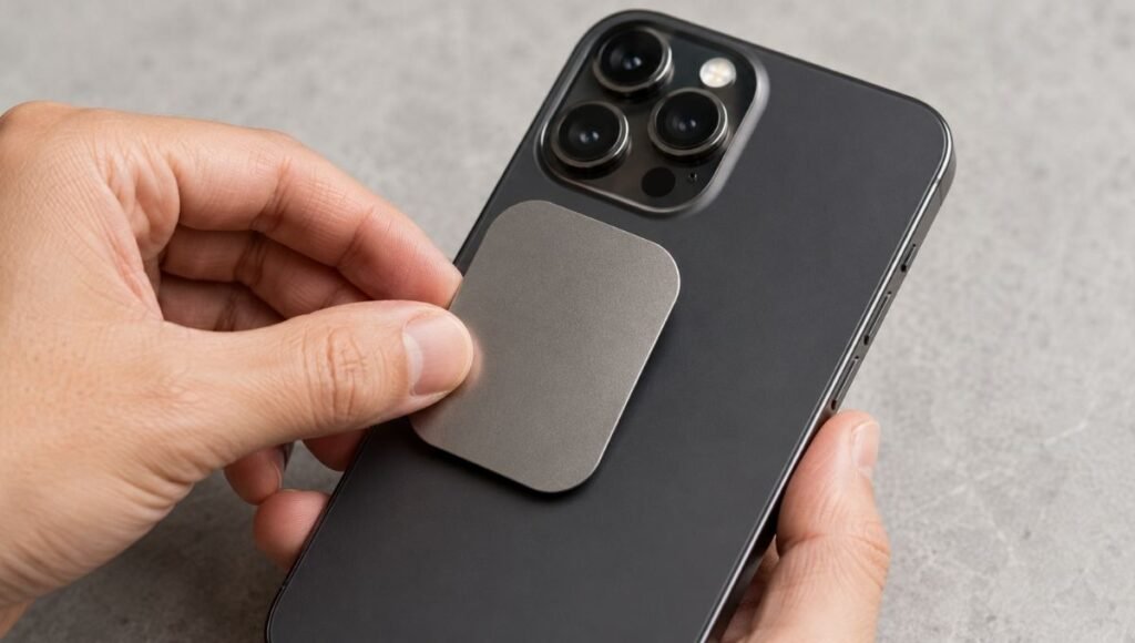A smartphone with a thin metal magnetic mounting plate on its back being attached to a magnetic car mount showing the component that blocks wireless charging
