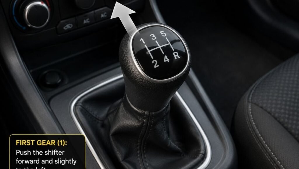 A manual transmission gear shifter shown in first gear position for uphill parking with an arrow indicating the gear points up the slope as a memory aid