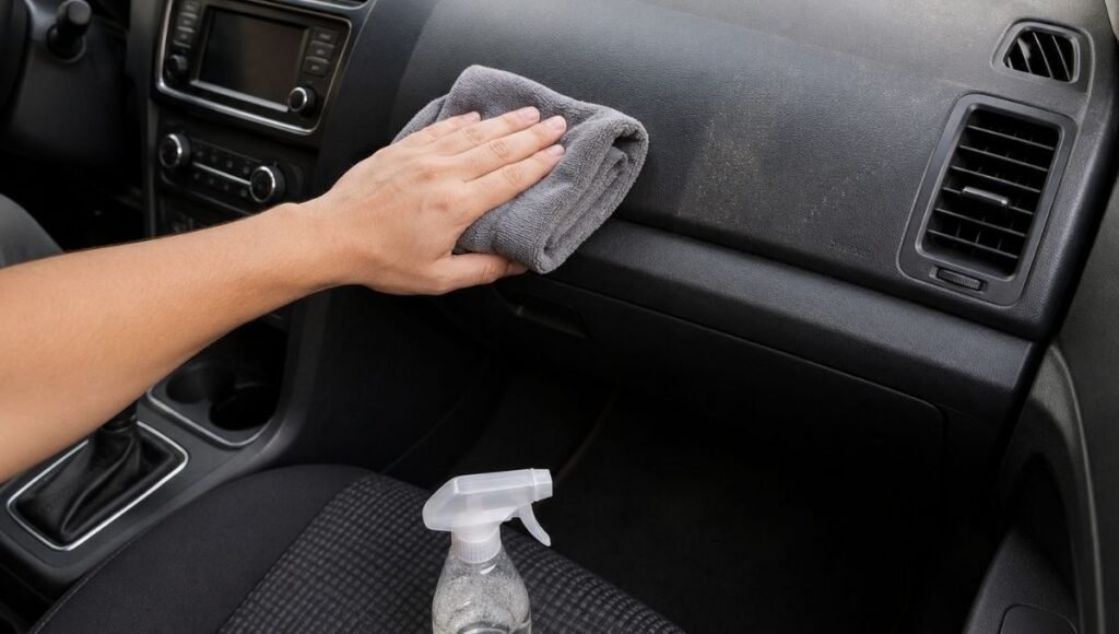 A hand wiping a car dashboard with a folded microfiber cloth using interior cleaner spray showing the quick maintenance habit that keeps cars clean
