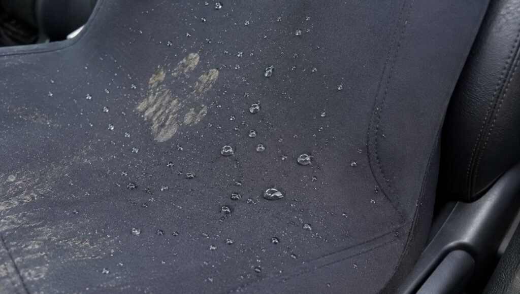 A neoprene car seat cover with water beading on the surface showing its waterproof properties ideal for pet owners and outdoor enthusiasts