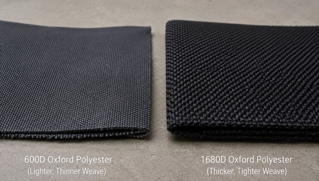 Two pieces of Oxford polyester fabric swatches side by side showing the visible difference in thickness and weave between 600D and 1680D denier fabric used in trunk organizers