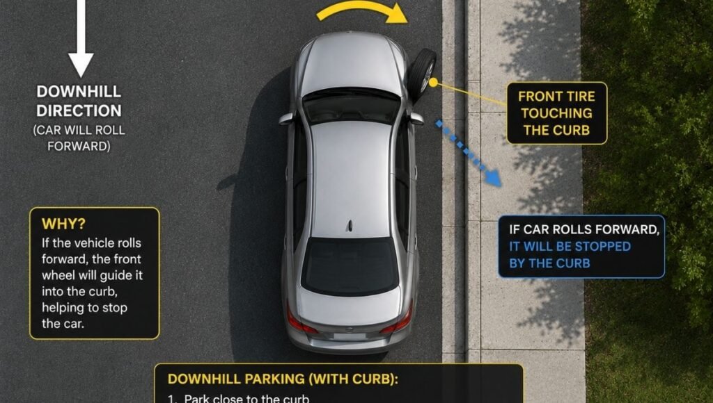 Diagram showing a car parked facing downhill with front wheels turned right toward the curb with the front tire gently touching the curb as a safety stop