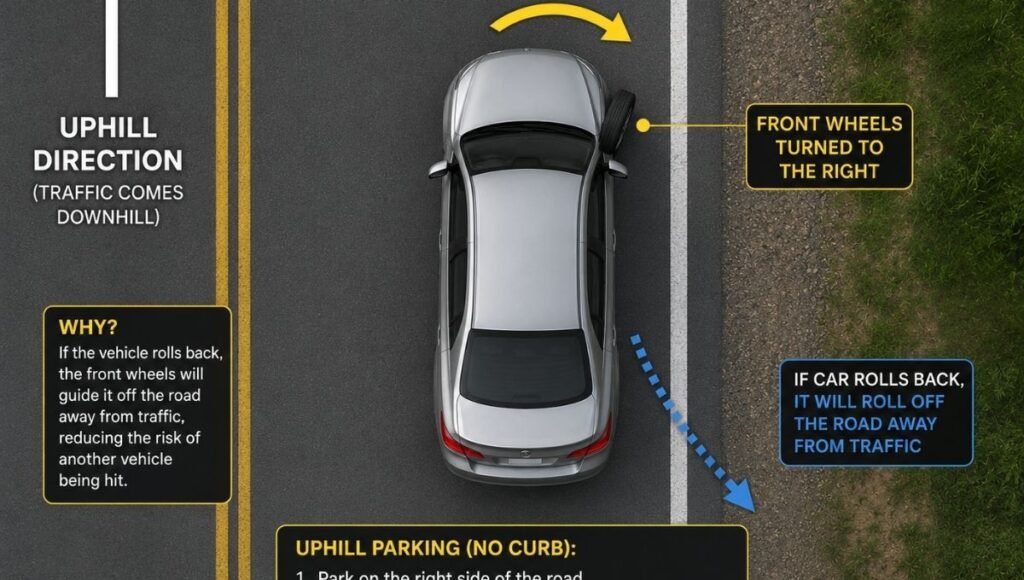 Diagram showing a car parked facing uphill without a curb with front wheels turned right toward the road edge so the car rolls away from traffic if brakes fail