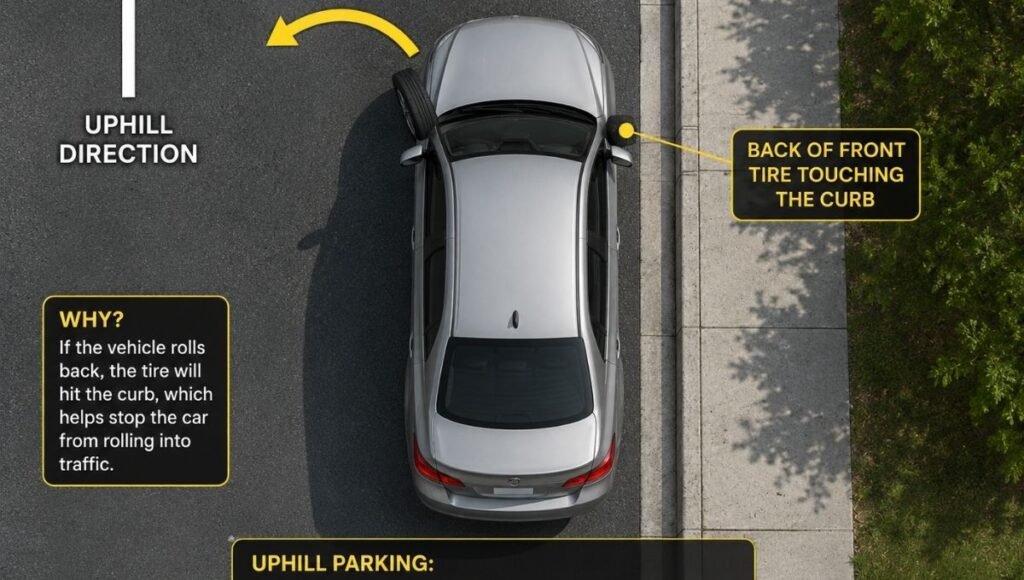 Diagram showing a car parked facing uphill with front wheels turned left away from the curb demonstrating the UCLA uphill curb left away parking rule