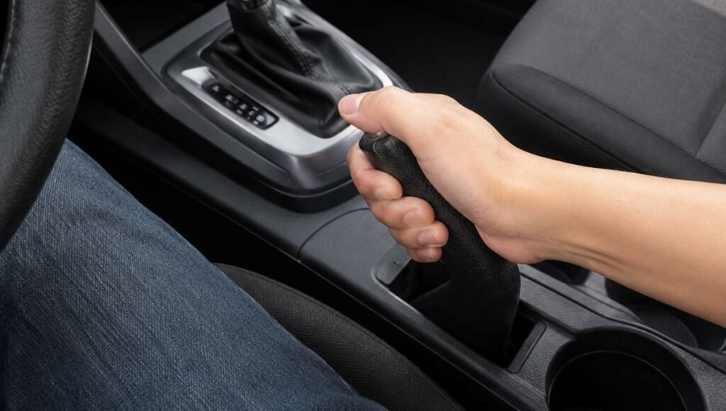 A driver's hand engaging the parking brake handle inside a car before shifting into park showing the correct sequence for parking on a hill to protect the transmission