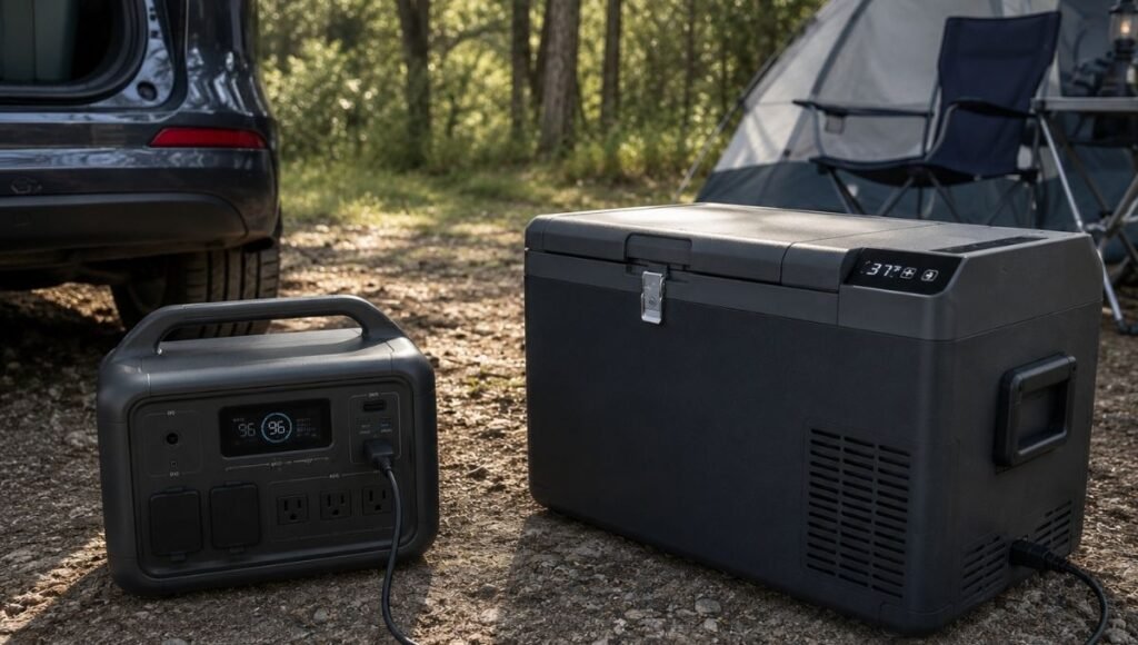 A portable power station connected to a compressor car cooler at a campsite showing how to run a car cooler without draining the vehicle battery