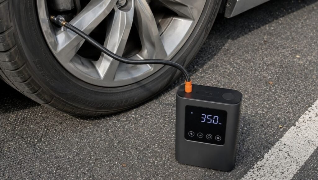 A portable tire inflator connected to a car tire valve stem in a parking lot with its digital display showing target PSI set to automatically stop inflating