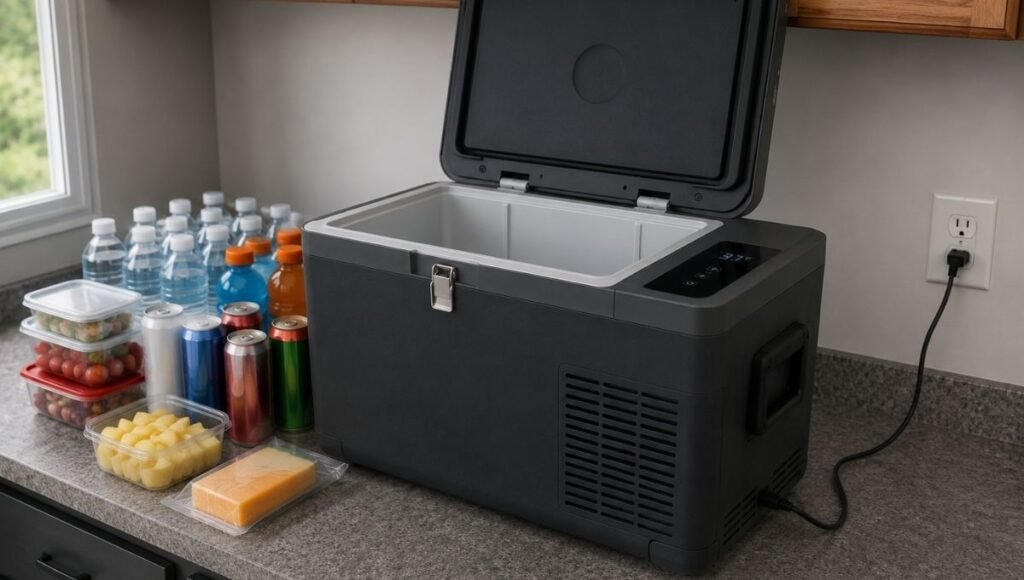 A car cooler plugged into a home AC outlet running for 30 minutes to pre-chill before loading food for a road trip