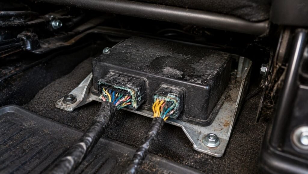 An SRS airbag control module located underneath a car seat showing potential water damage and corrosion from floor moisture exposure