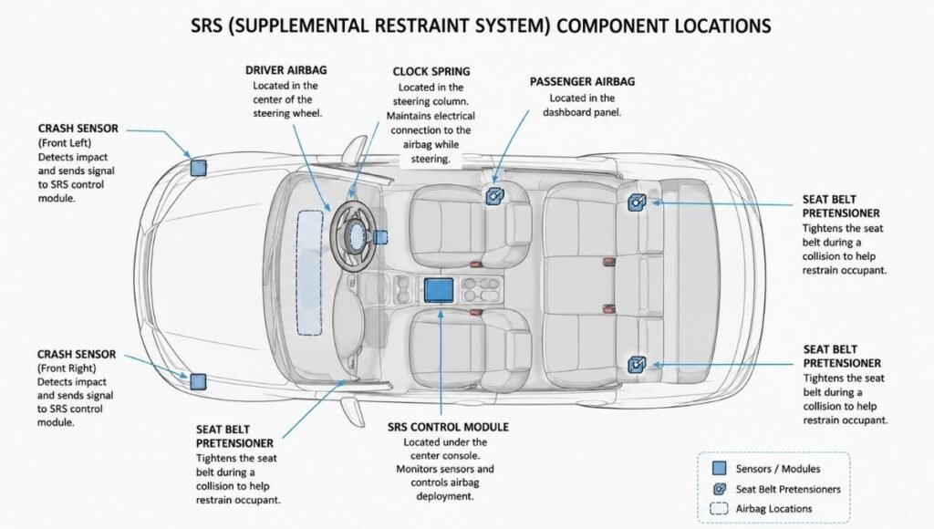 A diagram showing the key components of a car SRS supplemental restraint system including crash sensors airbag module clock spring and seat belt pretensioners
