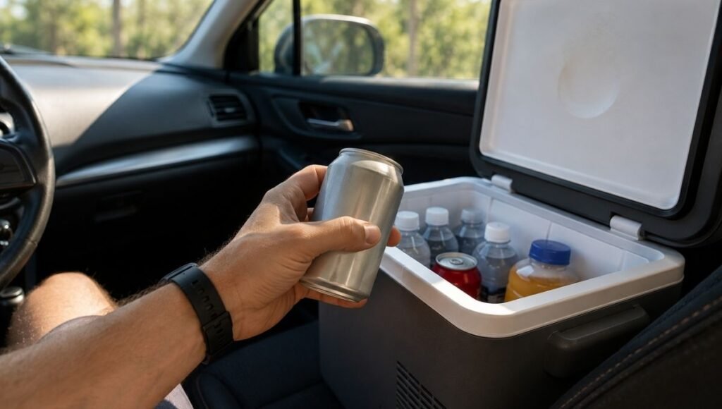 A hand pulling a barely cool drink can from a thermoelectric car cooler in hot summer conditions showing the cooling limitation of thermoelectric technology in high ambient temperatures