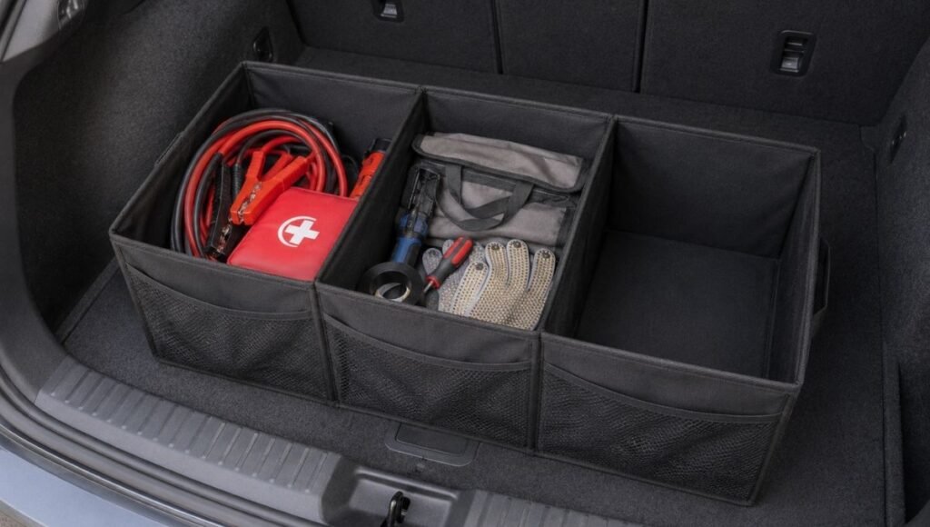 A three-compartment trunk organizer with items clearly organized by category — emergency supplies in one section, regular use items in another, and one empty flexible compartment