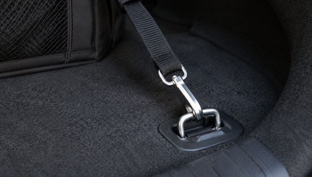 Close-up of a trunk organizer tie-down strap connected to a cargo anchor D-ring hook embedded in the trunk floor carpet showing the correct safety attachment method