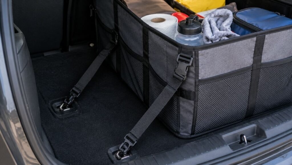 A collapsible Oxford cloth trunk organizer with visible tie-down straps attached to cargo anchor hooks in the trunk floor for secure cargo containment