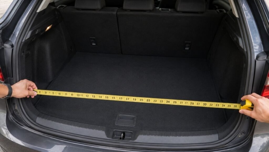 A person using a measuring tape to measure the width and depth of a car trunk before purchasing a trunk organizer to ensure correct sizing