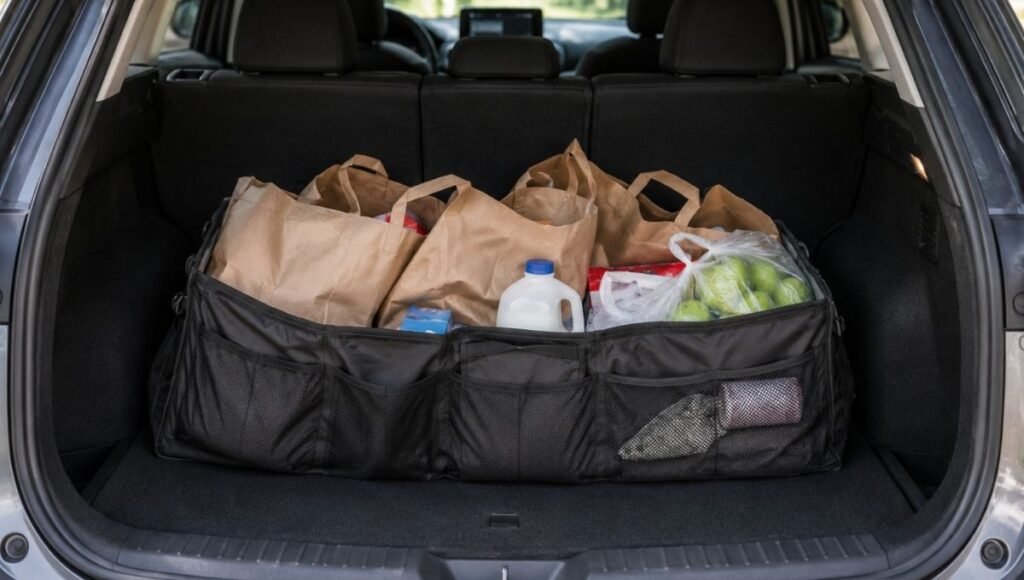 A cheap thin fabric trunk organizer with sides sagging inward under the weight of grocery bags showing the common failure of low-quality collapsible organizers